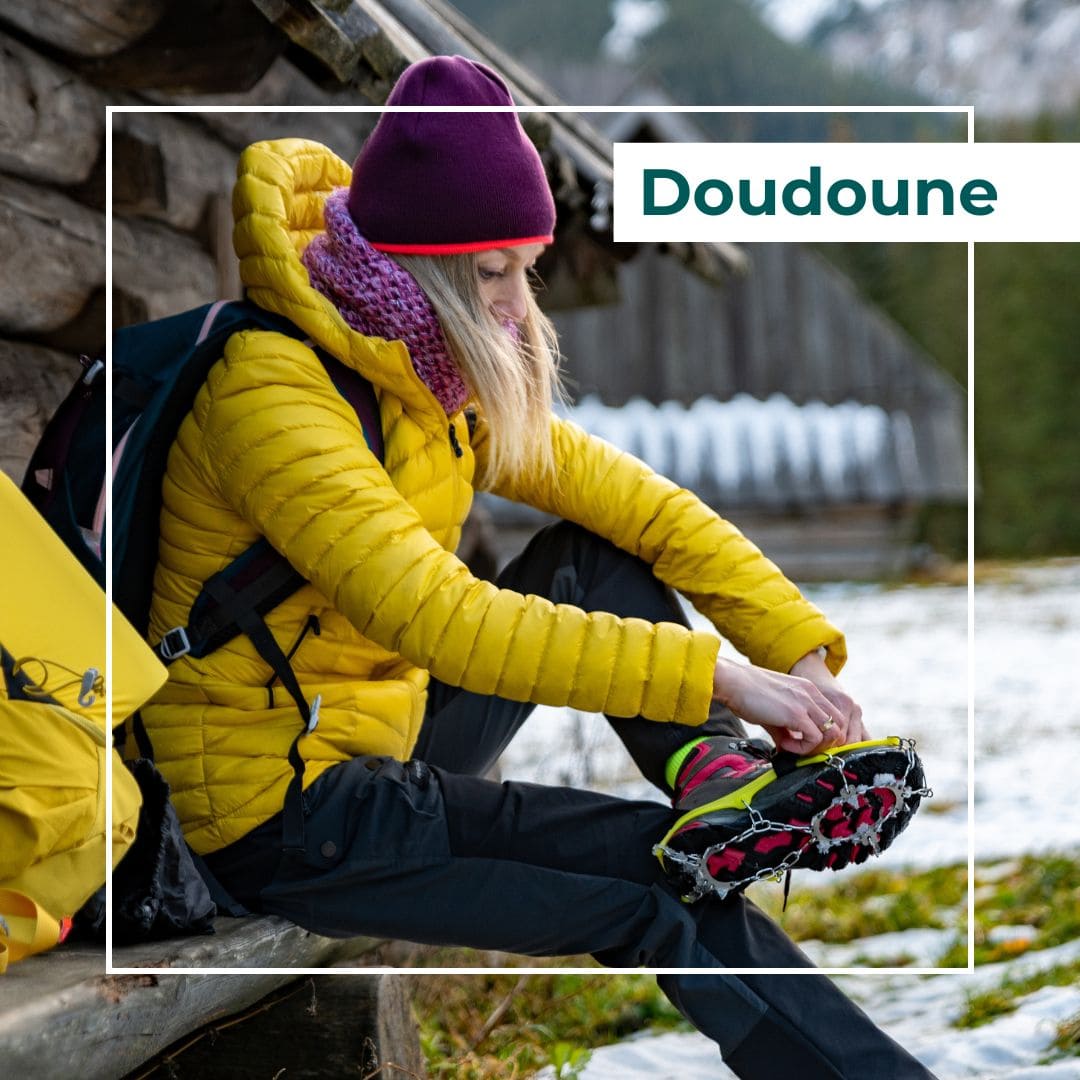 doudoune jaune hiver alpinisme, randonnée glacière avec crampon