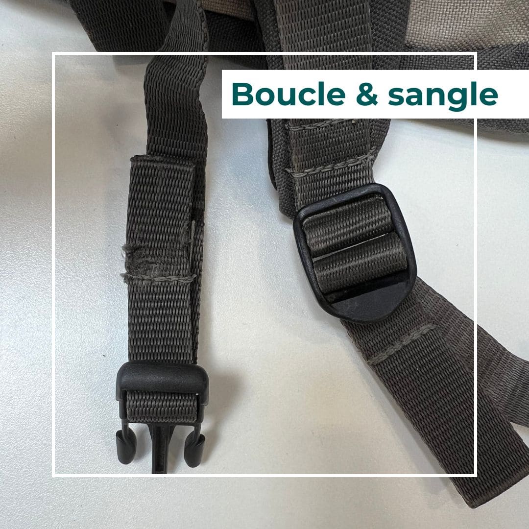 boucle, clip, fermeture plastique et sangle de serrage sur un sac à dos