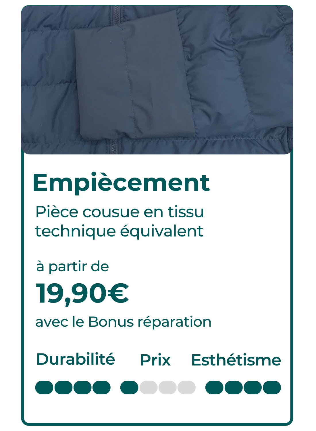 Fiche technique d'une réparation par empiècement avec la durabilité, prix et esthétisme