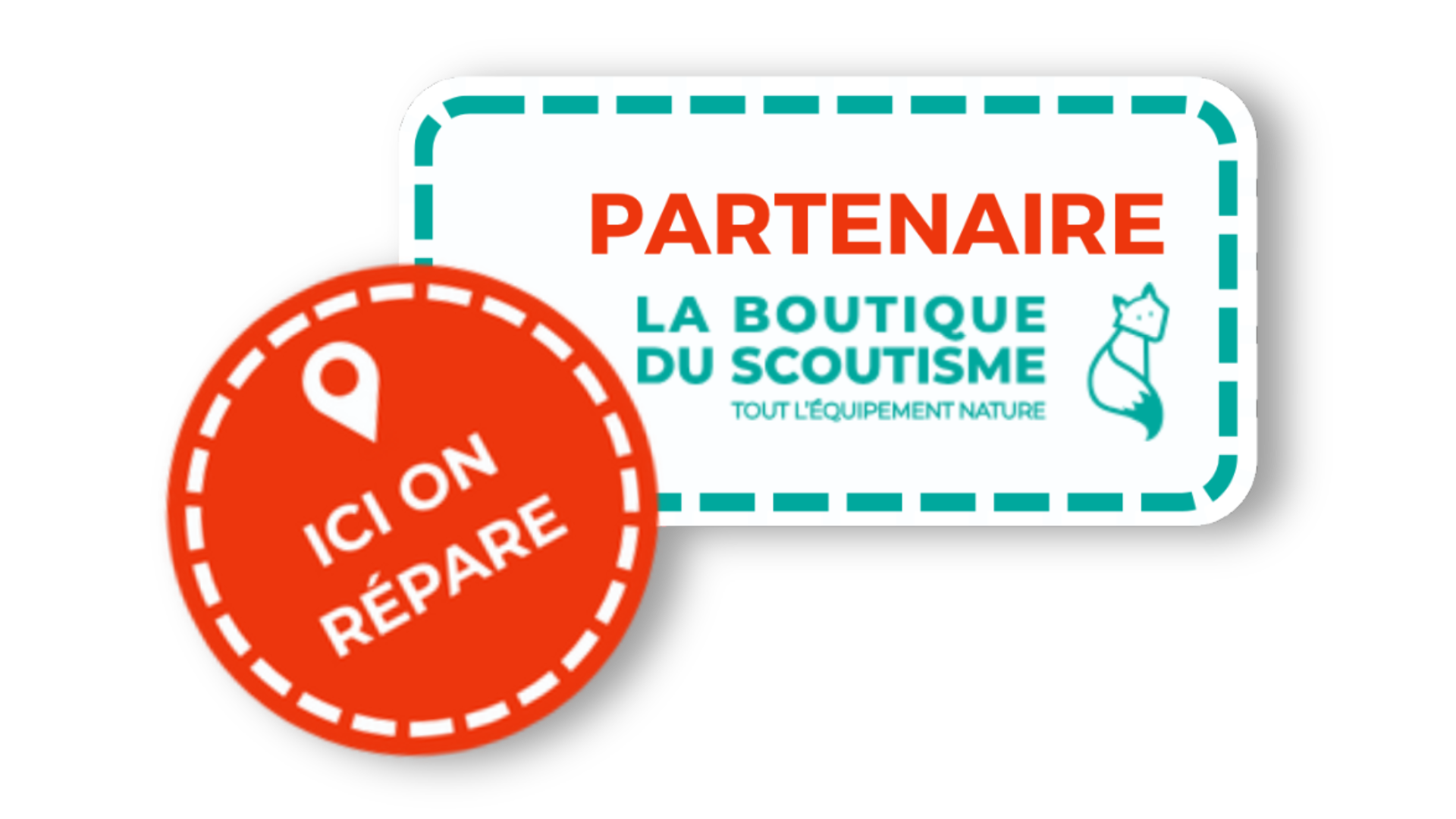 Design présentant des stickers  “La Boutique du Scoutisme” et “Ici on répare” pour illustrer le partenariat officiel entre Goodloop et les Scouts et Guides de France.