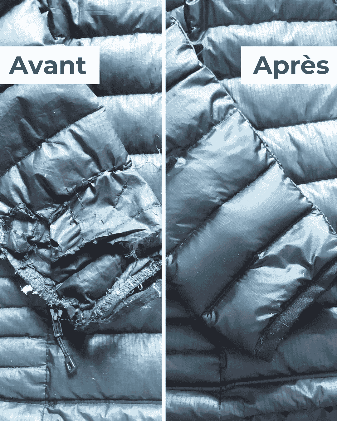 Doudoune avant apres reparation empiecement Goodloop Montage montrant une doudoune avant réparation avec un accroc et après réparation avec un empiècement discret.