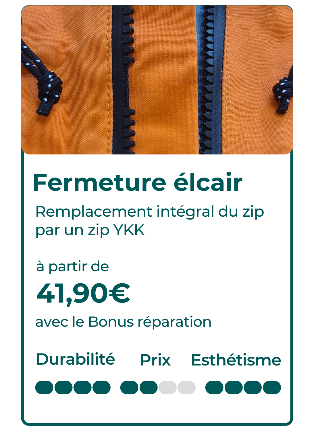 Fiche technique remplacement fermeture eclair zip YKK Goodloop Fiche technique présentant le remplacement complet d’une fermeture éclair par un zip YKK, avec un tarif à partir de 41,90 € et les critères d’esthétisme, de prix et de durabilité.