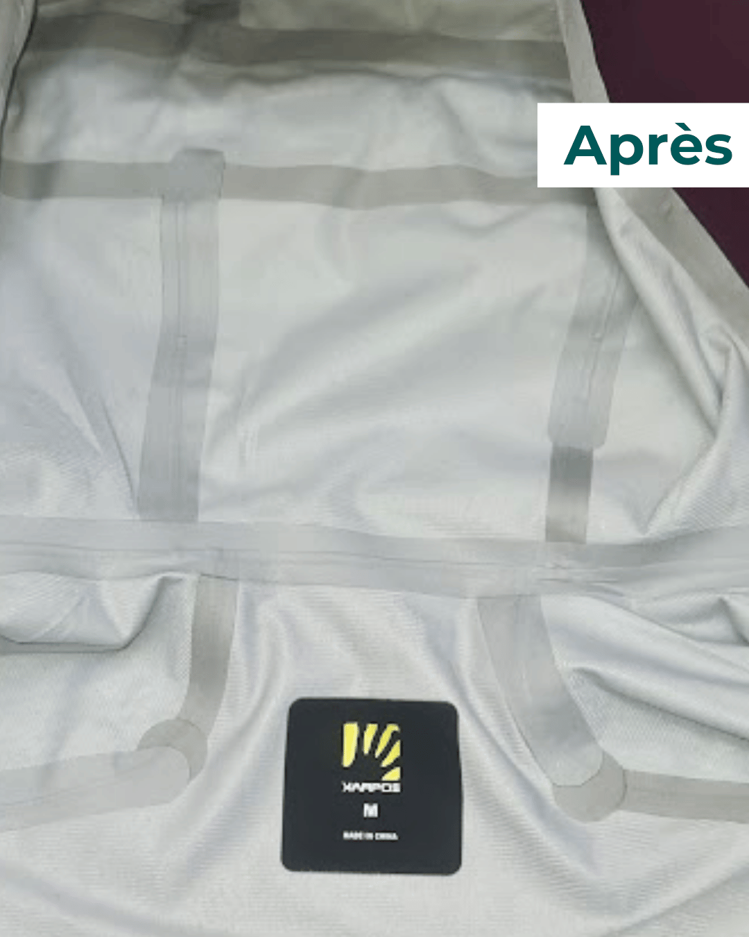 Capuche parfaitement étanchifiée avec de nouvelles bandes thermocollées à la presse thermique