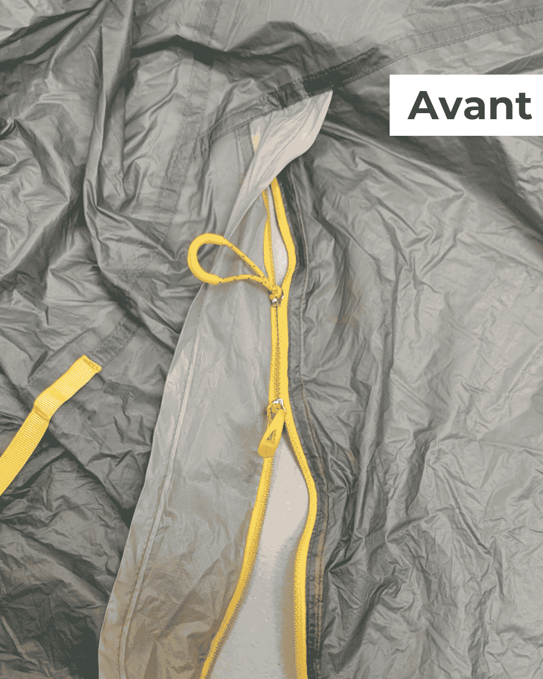 Fermeture éclair de tente bloquée et curseur défectueux avant réparation par Goodloop.