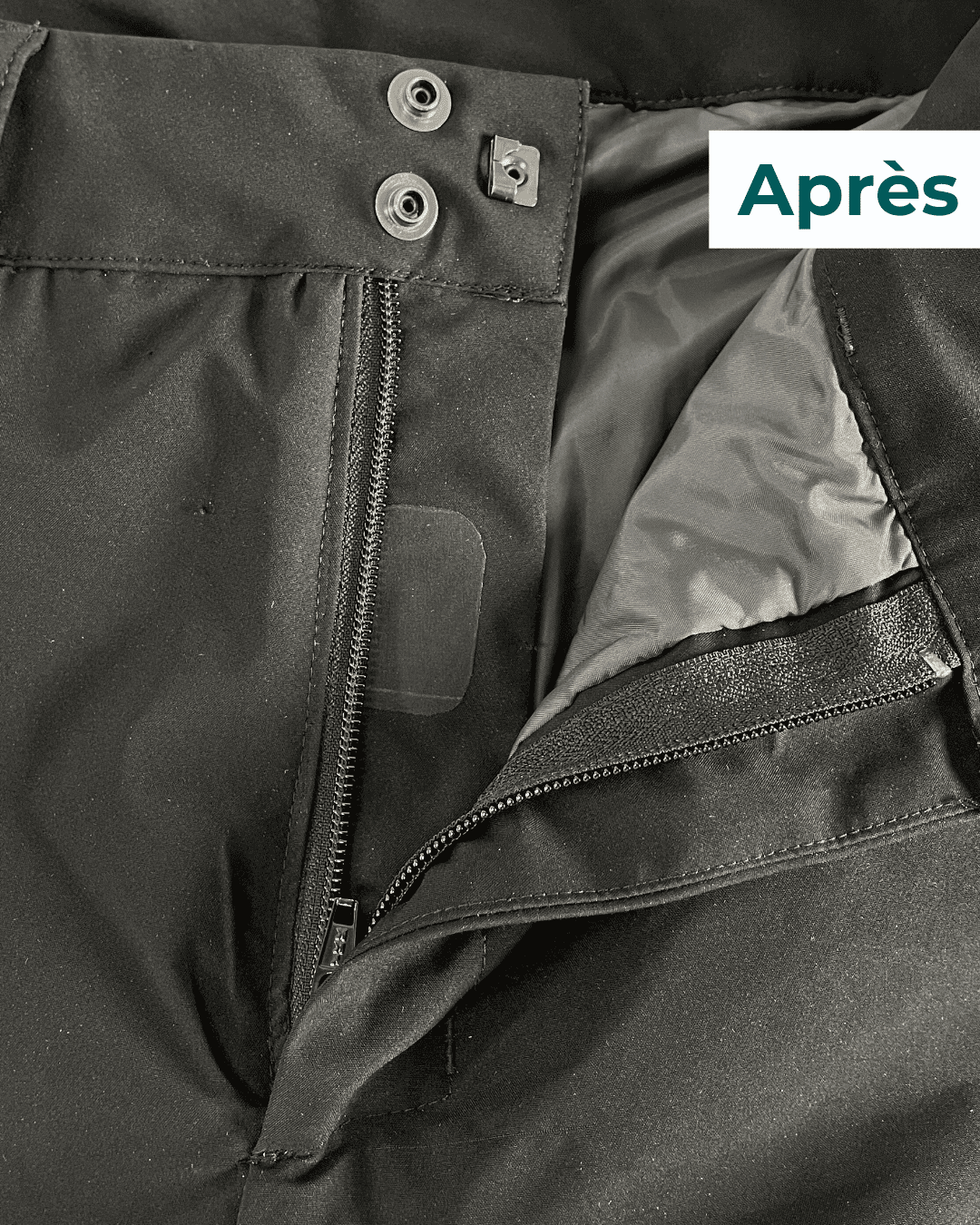 Comment réparer une braguette de pantalon : résultat après le remplacement complet de la fermeture éclair et pose d'un patch de renfort.