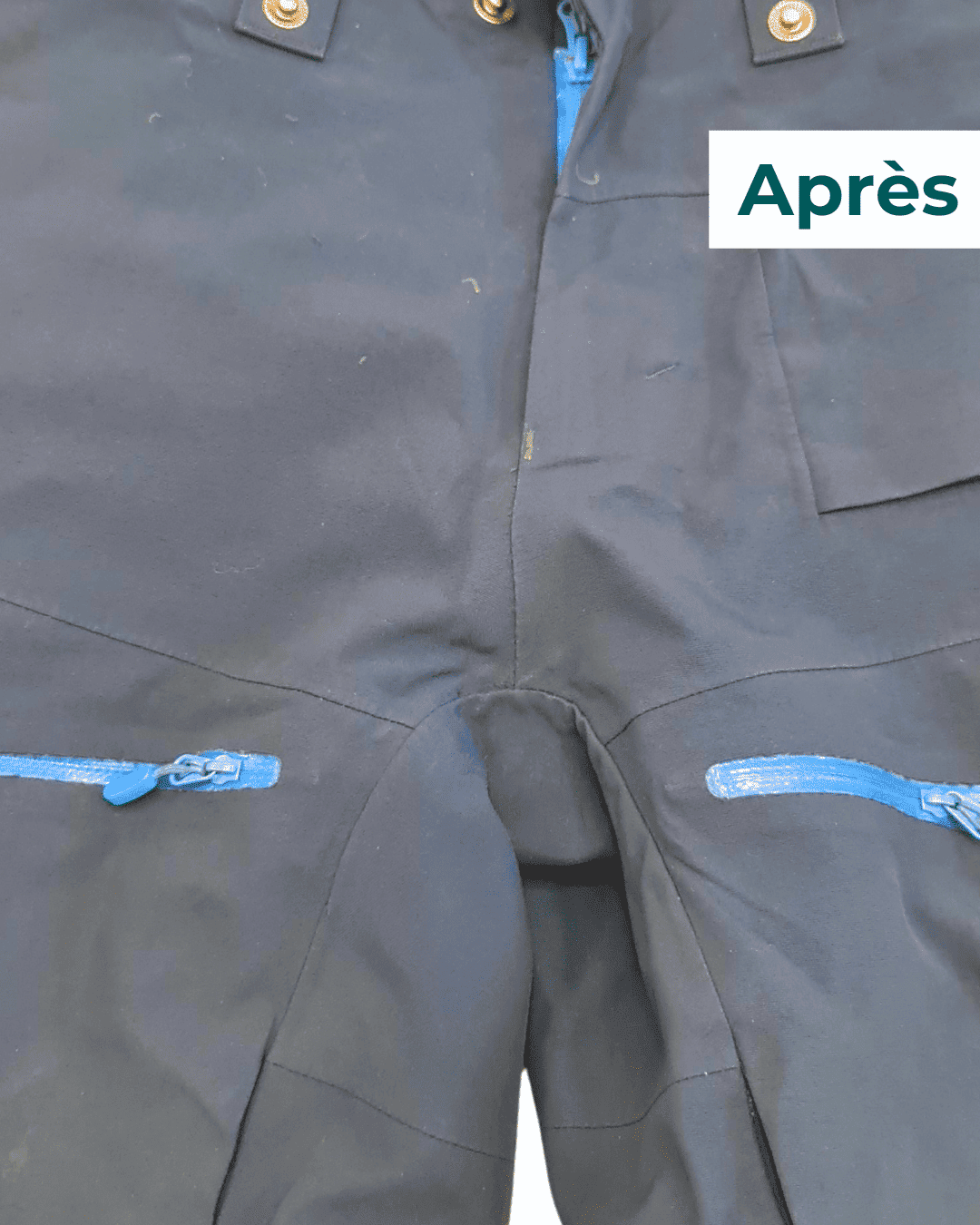 Entrejambe de pantalon technique réparé par repiquage avec coutures étanchéifiées.