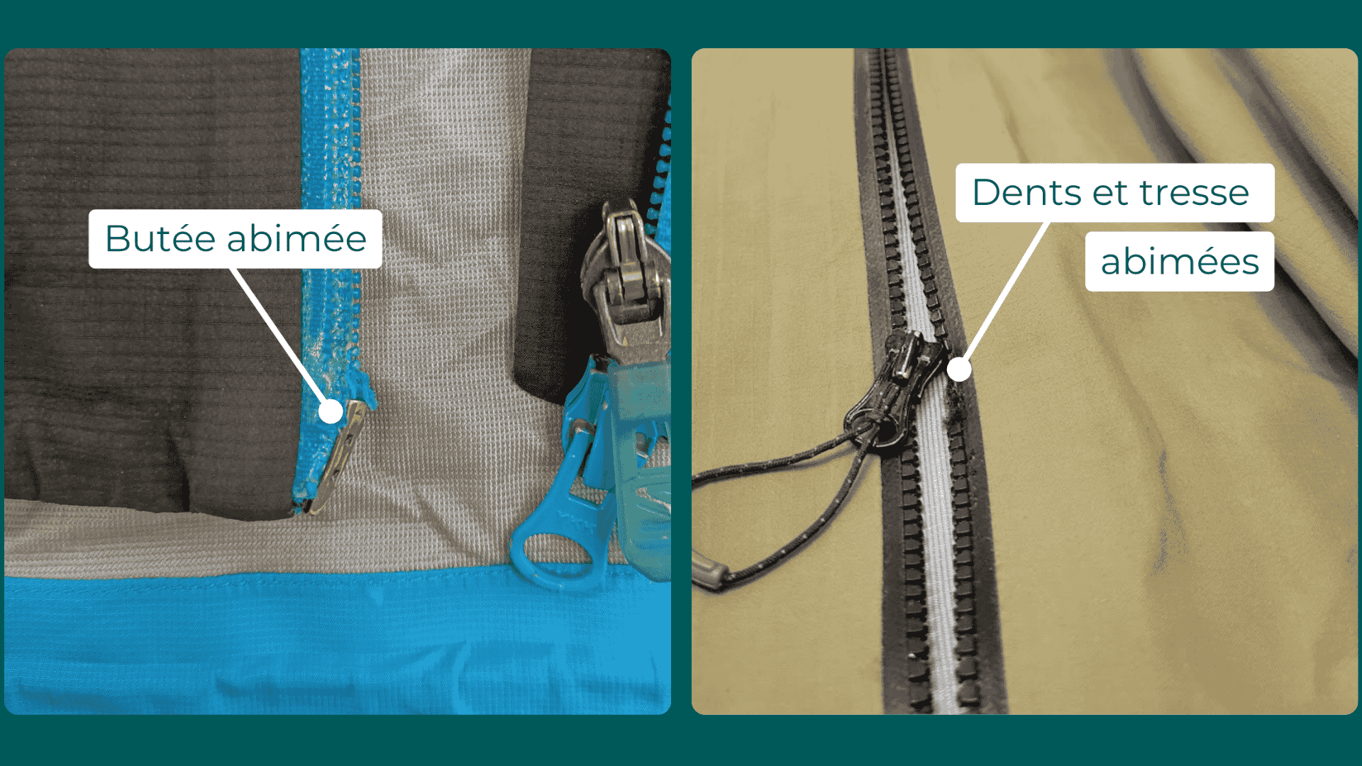 Guide visuel montrant la différence entre une tresse de fermeture éclair  usées et la butée d'un zip abîmée, nécessitant le remplacement complet du zip