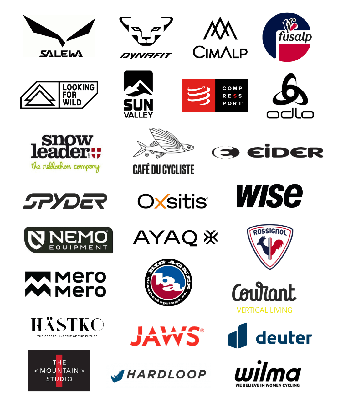 Marque Goodloop site mobile Bandeau affichant les logos des marques partenaires de vêtements techniques comme Fusalp, Salewa, Dynafit, Cimalp et Wise qui confient leurs réparations à l'atelier Goodloop