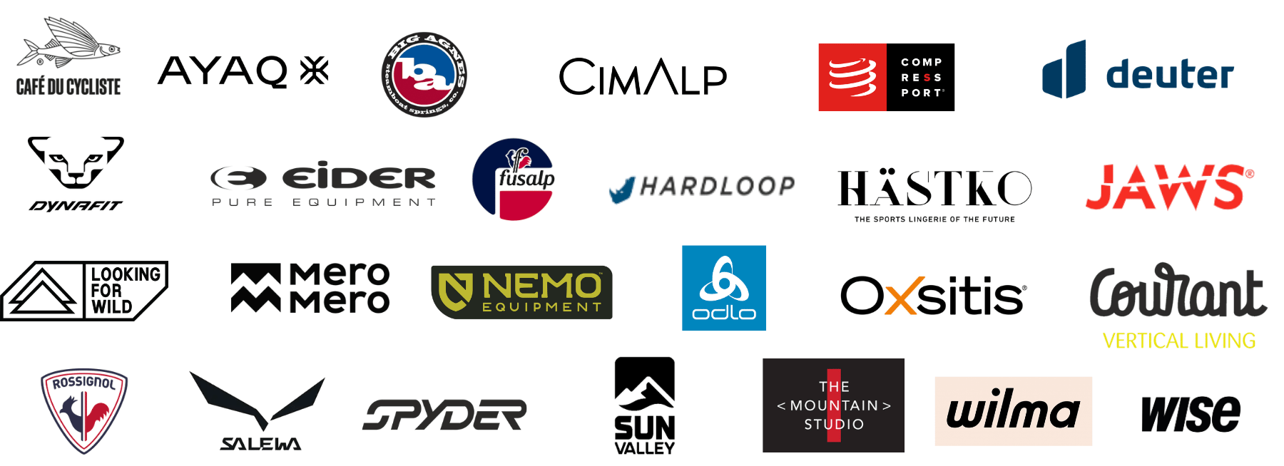 Marques et partenaires B2B Bandeau affichant les logos des marques partenaires de vêtements techniques comme Fusalp, Salewa, Dynafit, Cimalp et Wise qui confient leurs réparations à l'atelier Goodloop